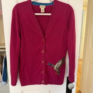 L.L. Bean Fuchsia V-Neck Button Cardigan with Duck Embroidery